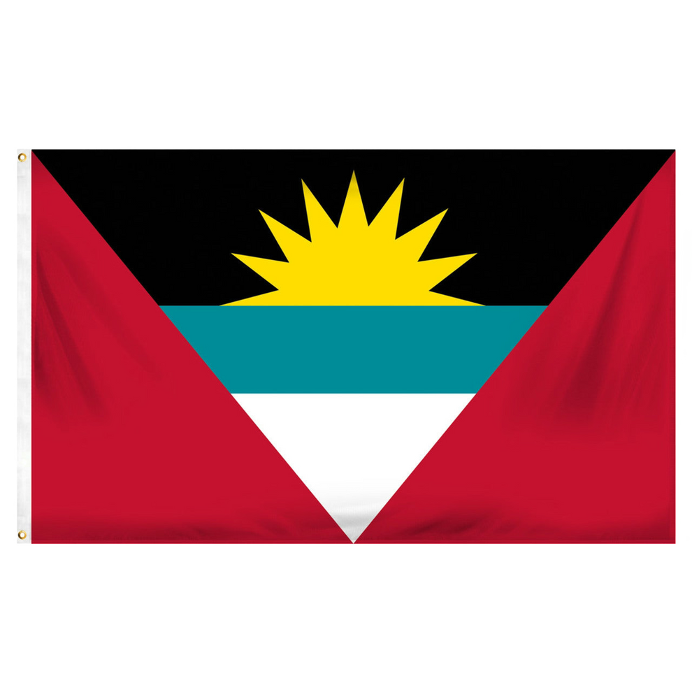 Antigua and Barbuda flag with black, red, blue, and white design on a white background