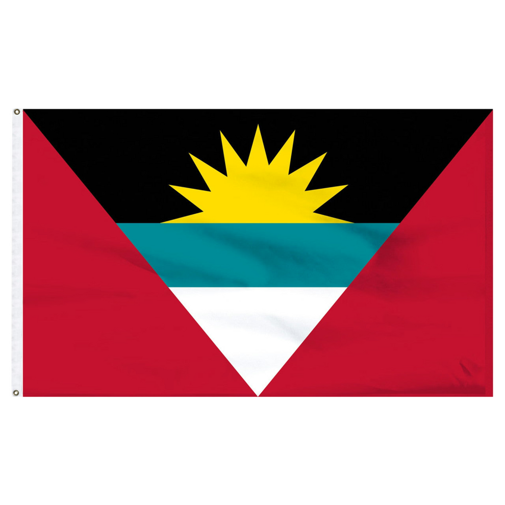 Antigua and Barbuda flag with a black, red, blue, and yellow design on a white background