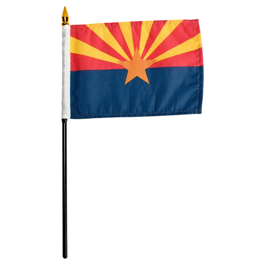 State of Arizona stick flag with a blue bottom half and red top flag with an orange star in the middle and 6 yellow stripes emanating from the star on the red top half.