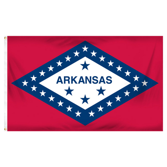 State of Arkansas flag with red background and a large horizontal diamonded outlined in blue with white stars and a white center with four blue stars and text "Arkansas"