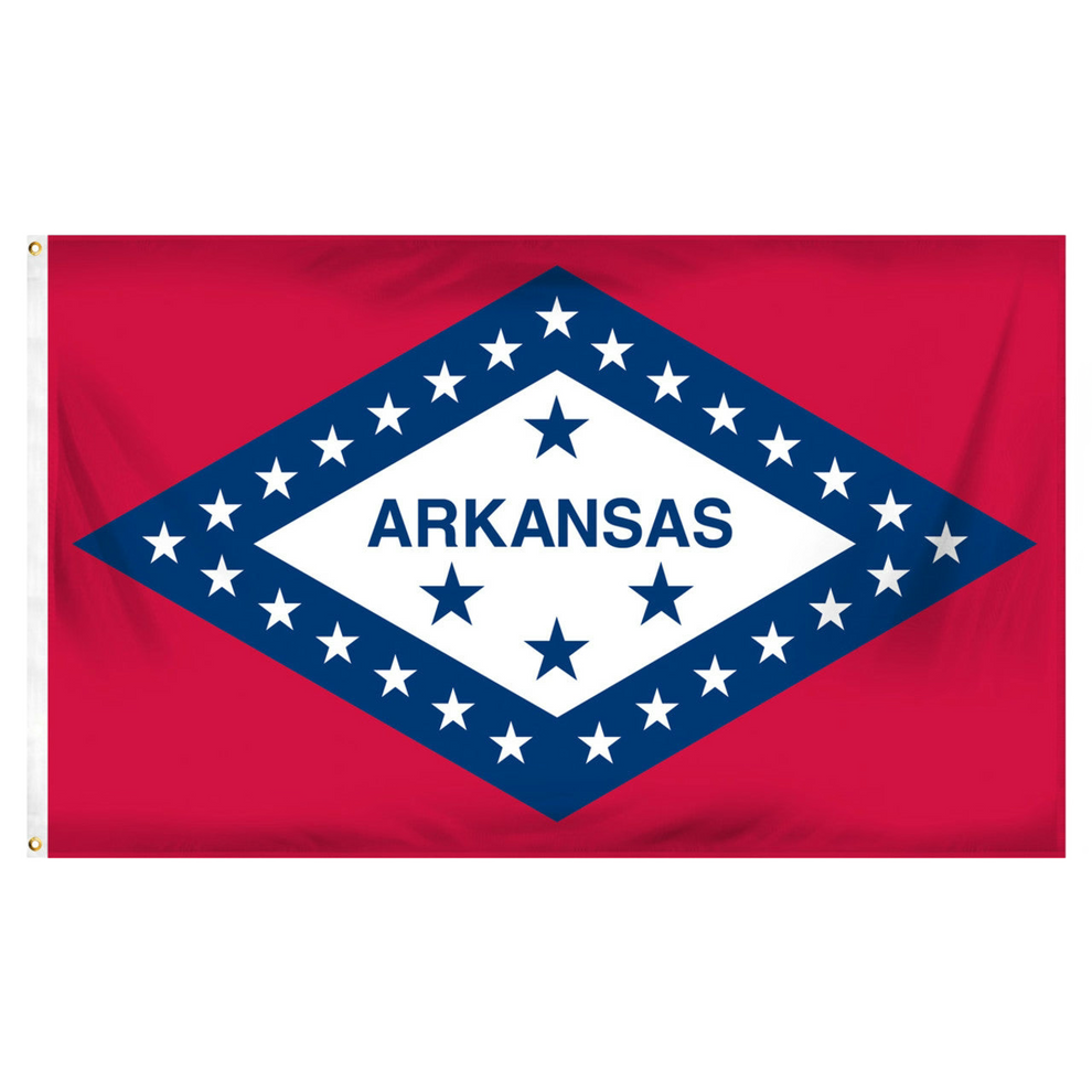 State of Arkansas flag with red background and a large horizontal diamonded outlined in blue with white stars and a white center with four blue stars and text "Arkansas"