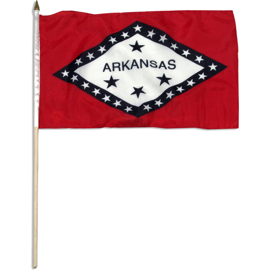 State of Arkansas stick flag with red background and a large horizontal diamonded outlined in blue with white stars and a white center with four blue stars and "Arkansas" text.