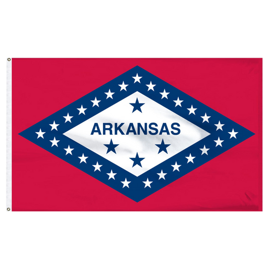 State of Arkansas flag with red background and a large horizontal diamonded outlined in blue with white stars and a white center with four blue stars and "Arkansas" text.