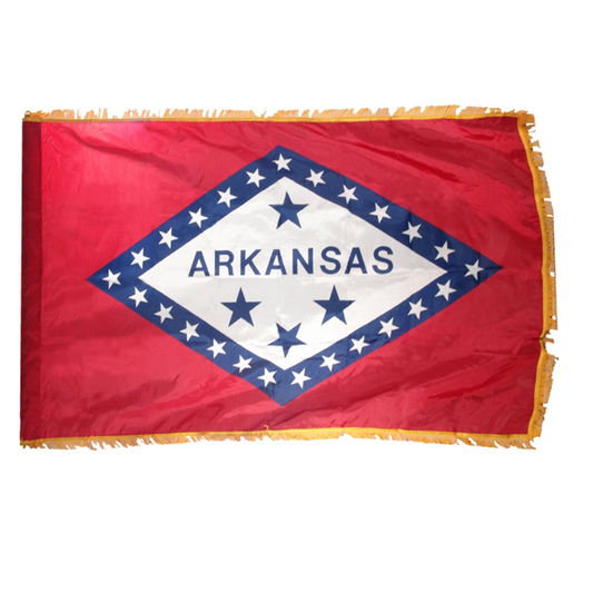 State of Arkansas flag with red background and a large horizontal diamonded outlined in blue with white stars and a white center with four blue stars and "Arkansas" text. This flag has fringe.