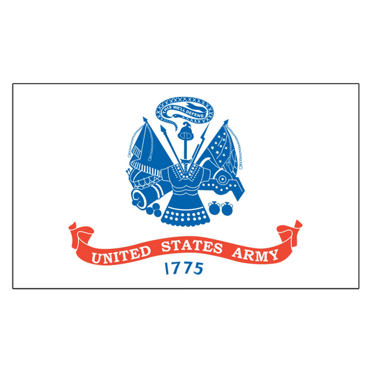 United States Army emblem with blue and red design on a white flag canvas