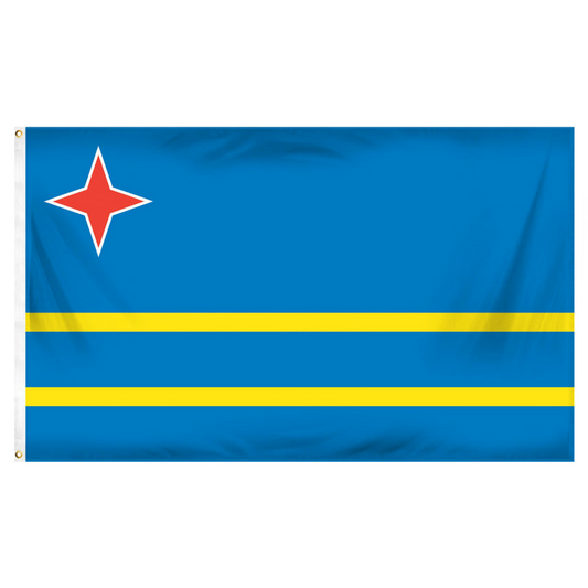 Aruba flag with a red star on a blue background and a yellow stripe