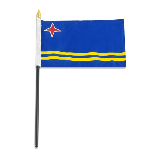 Flag of Aruba on a flagpole against a white background