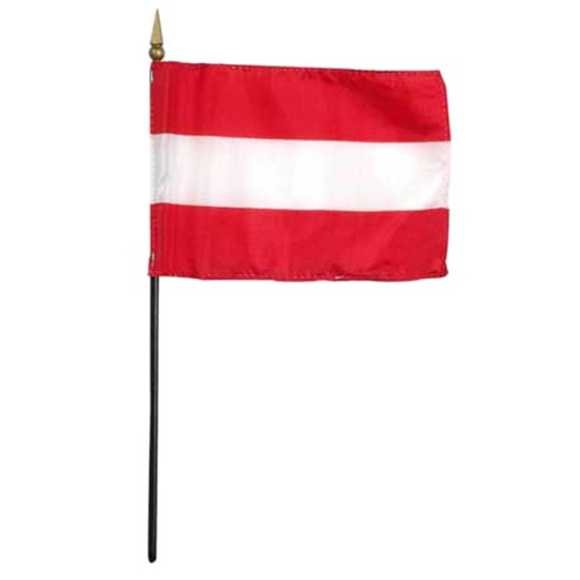 A small Austrian red and white striped flag on a black pole with a gold spear finial, shown against a plain white background.