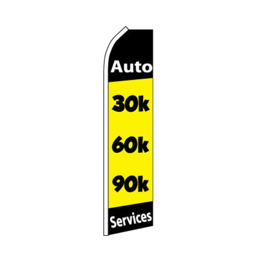 Swooper flag with 'Auto Services' text and price range on a white background
