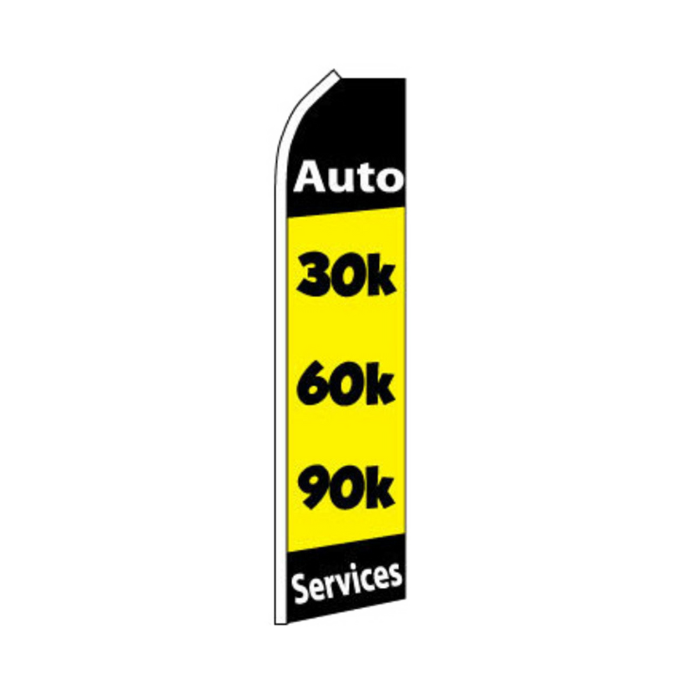 Swooper flag with 'Auto Services' text and price range on a white background