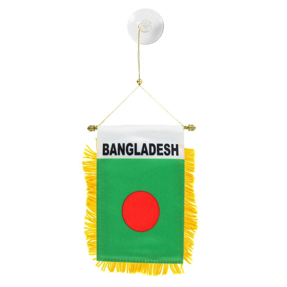 Small flag of Bangladesh with a red disc on a green background, featuring yellow fringe and a white border.