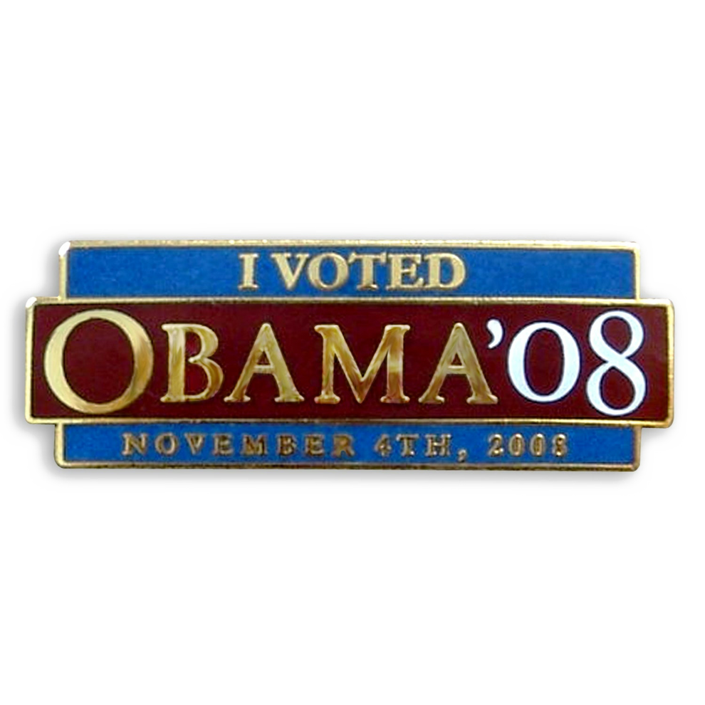 Pin with 'I Voted Obama '08' text on a white background