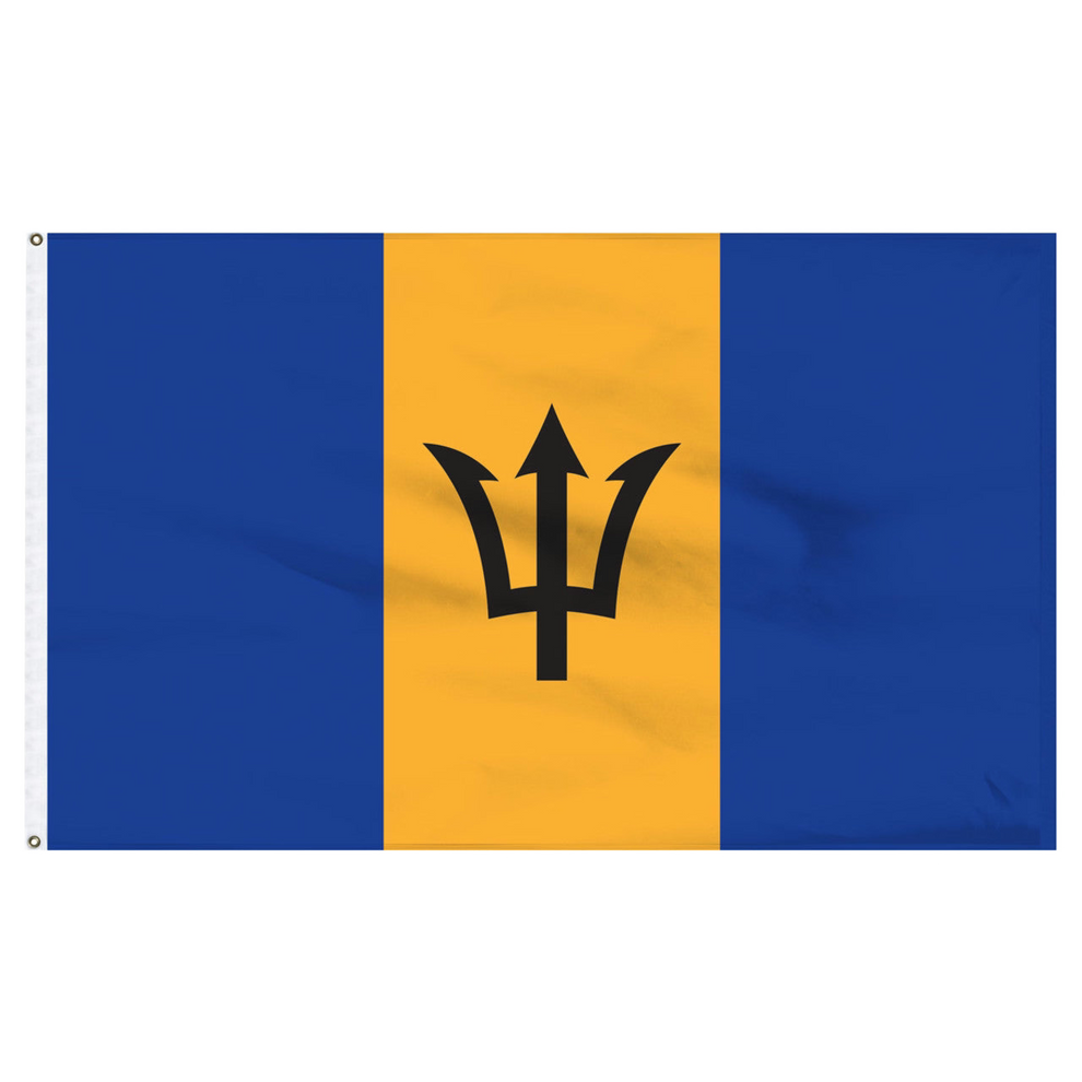 Barbados national flag with blue and yellow horizontal stripes and a black symbol in the center