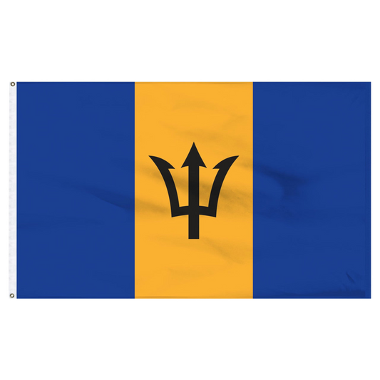 Barbados flag with blue and yellow horizontal stripes and a black symbol in the center