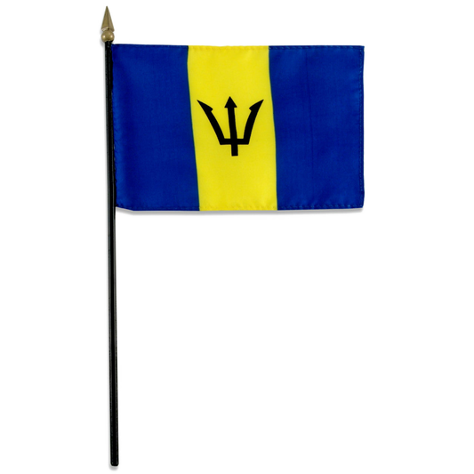 Flag of Barbados with blue and yellow stripes and a black trident symbol on a white background