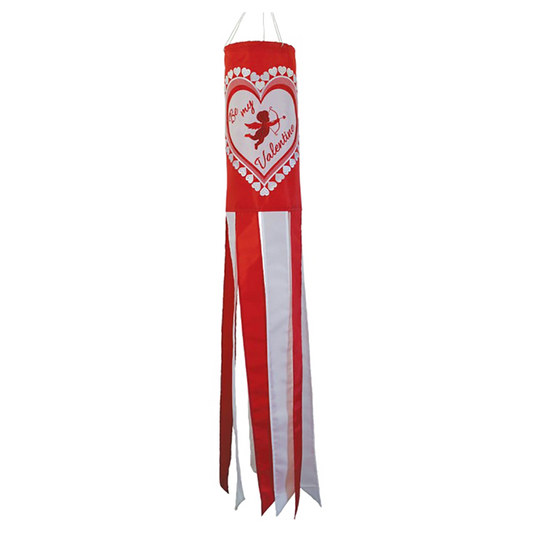Red windsock with white heart design and text on a white background