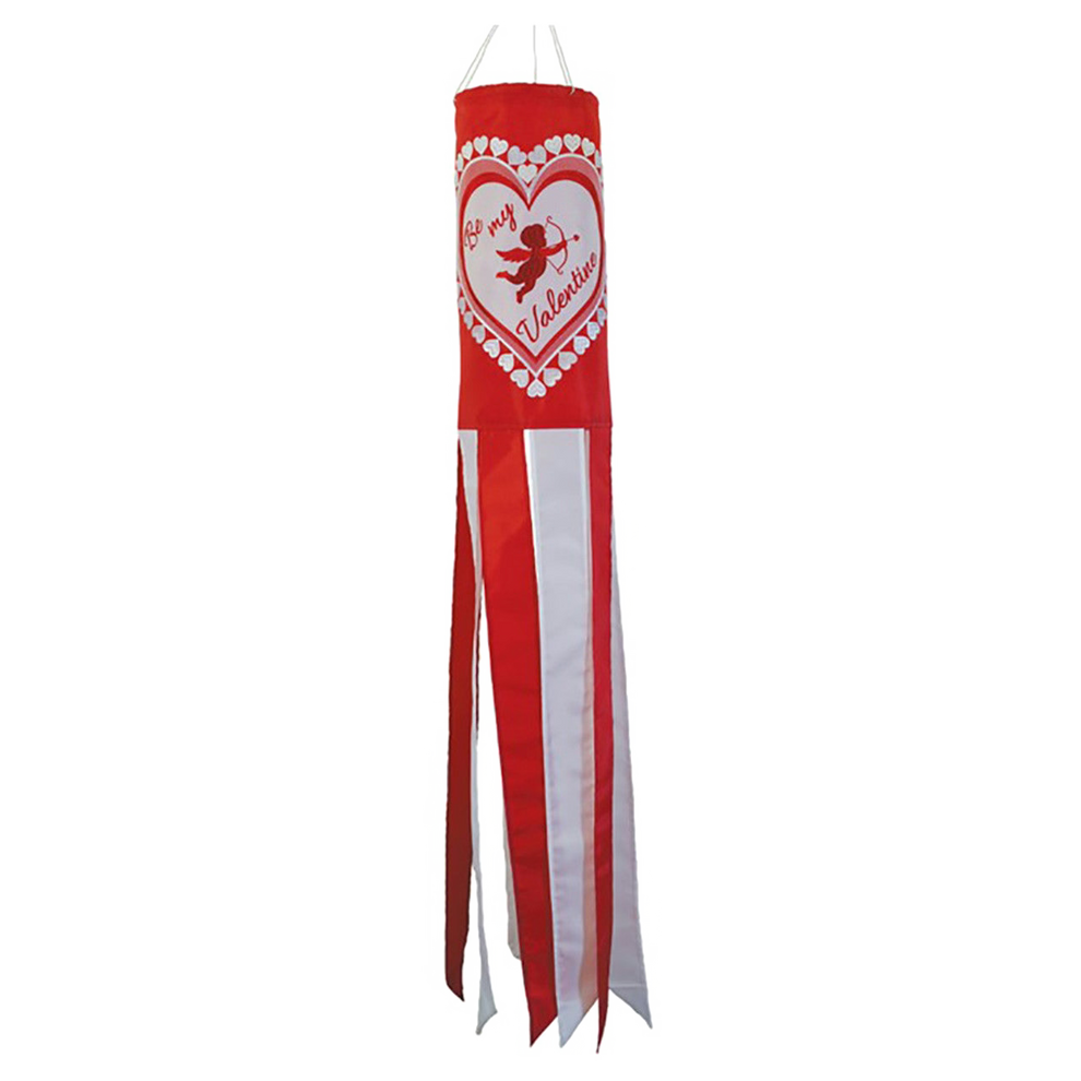 Red windsock with white heart design and text on a white background