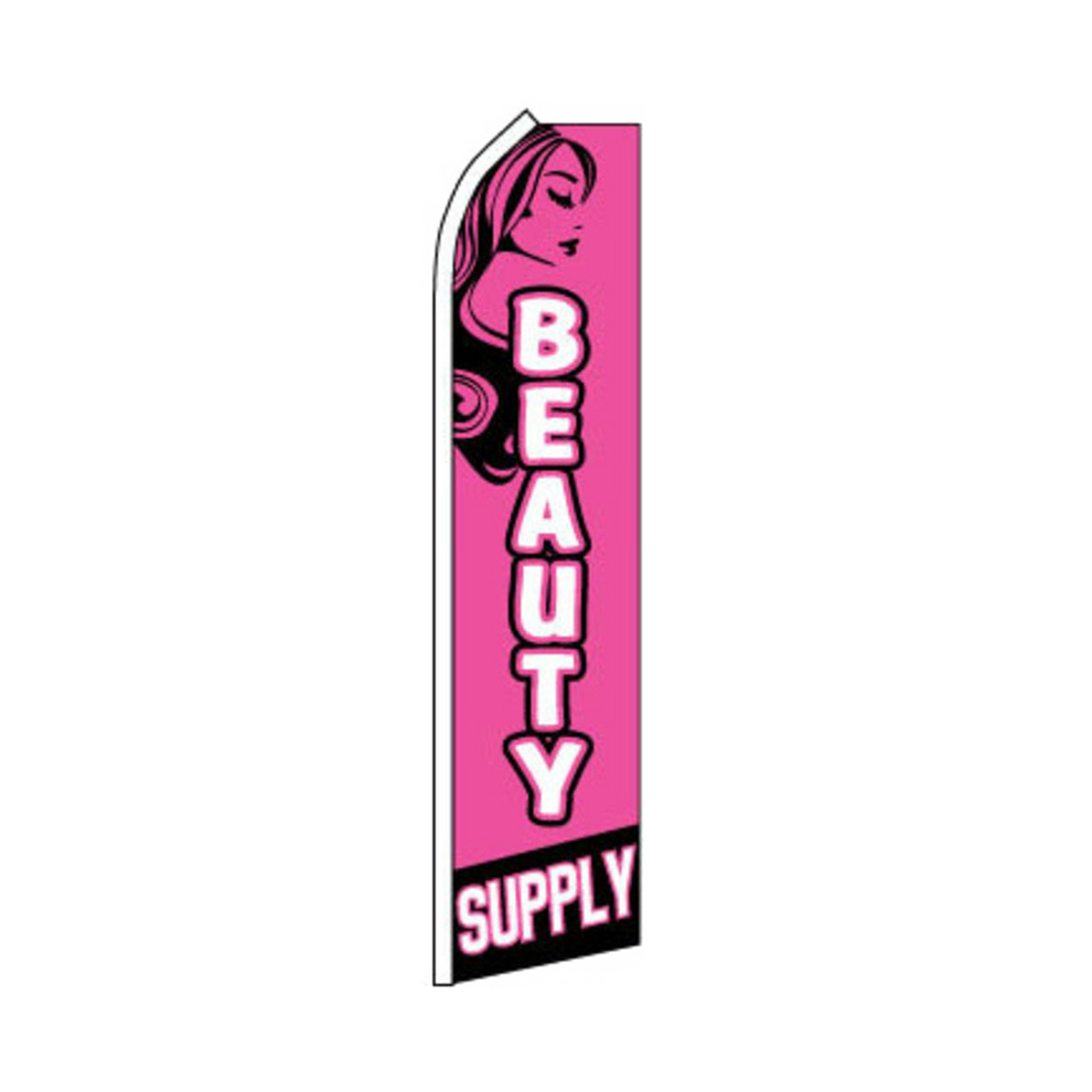 Pink feather flag with 'Beauty Supply' text and a woman's face on a white background