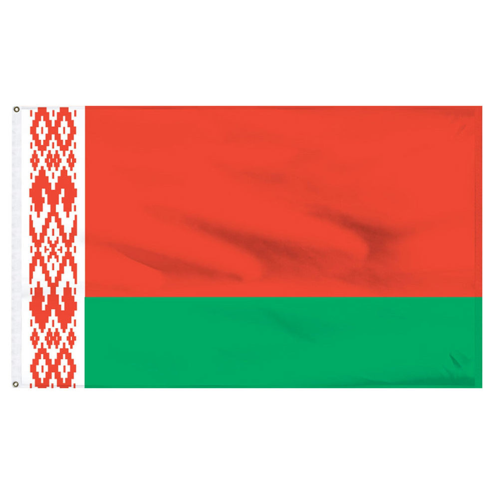 Flag of Belarus featuring a wide red upper band, a narrower green lower band, and a traditional white and red ornamental pattern on the hoist side.