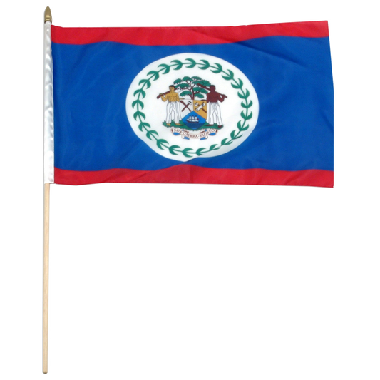 Flag of Belize with a coat of arms on a blue and red background