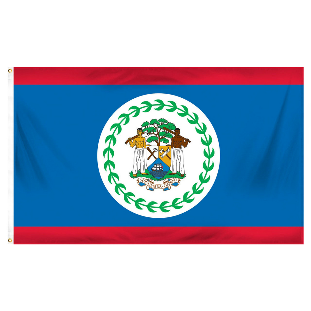 Belize flag with a central emblem on a blue and red background