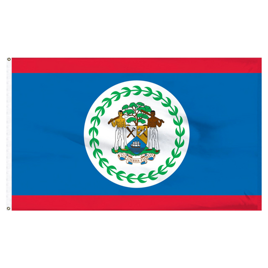Belize national flag with a central emblem and red and blue stripes on a white background
