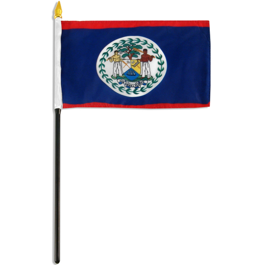 Small Belize flag with a coat of arms on a blue background