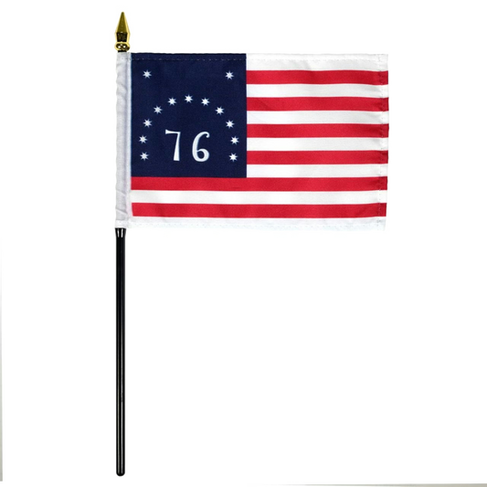 Bennington '76 historical stick flag attached to a black staff with a gold spear top.