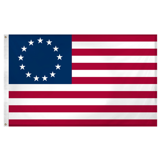 Betsy Ross style American flag with 13 white stars arranged in a circle on a dark blue canton, alongside 13 red and white horizontal stripes, shown flat against a white background.