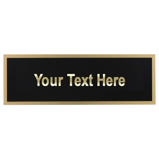 Personalized black nameplate with a gold border and with gold placeholder text "Your Text Here"