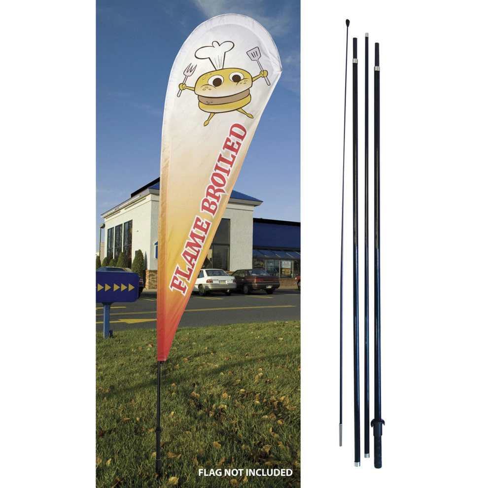 Flame Broiled feather flag with a cartoon burger mascot, plus black pole components.