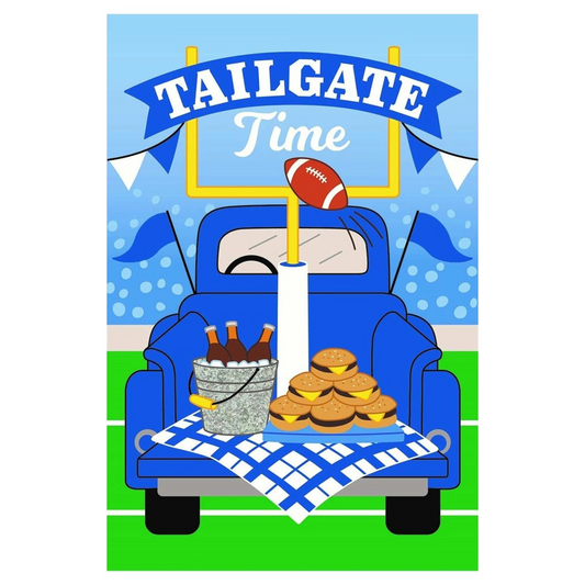 Decorative flag with an Illustration of a tailgate scene with a blue truck, food, and football-themed decor.