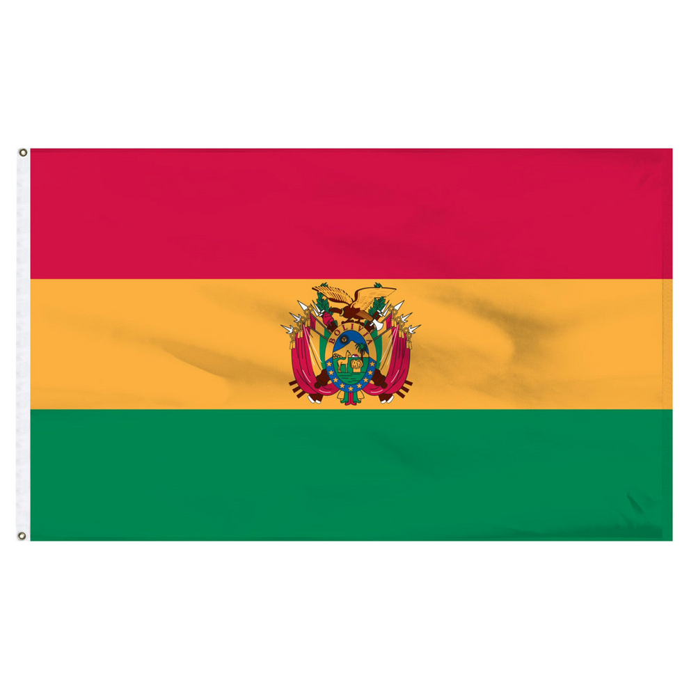 Flag of Bolivia featuring three equal horizontal bands of red, yellow, and green, with the national coat of arms centered in the yellow band.