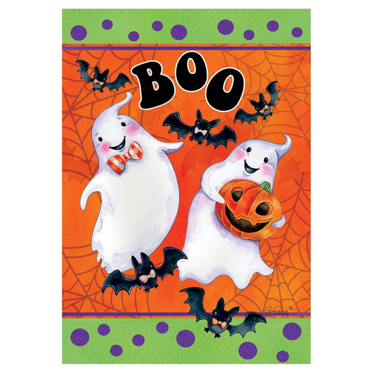 Halloween-themed decorative garden flag with ghosts, pumpkins, and bats on an orange and green background.
