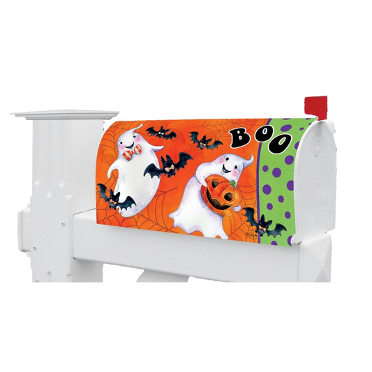 Halloween-themed mailbox cover with ghosts, pumpkins, and bats on an orange background.