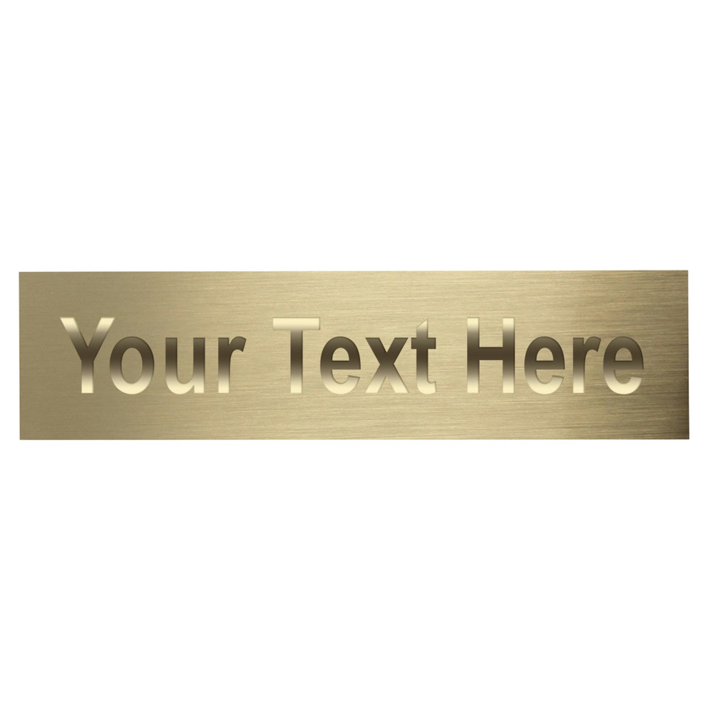 Gold nameplate with 'Your Text Here' text on a white background