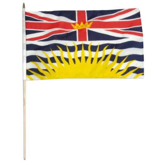 Flag of British Columbia on a stick with a white background