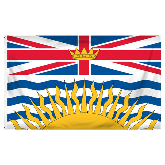 Flag with British Columbia design featuring a sun and crown on a white background
