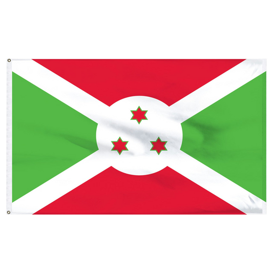 Flag of Burundi with red, green, and white colors and three red stars with green outlines. Flag is on a white background