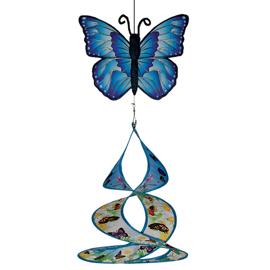Hanging wind spinner featuring a large stylized blue butterfly at the top, attached to a twisting, ribbon-like spiral tail decorated with patterns of smaller butterflies, ladybugs, and daisies.