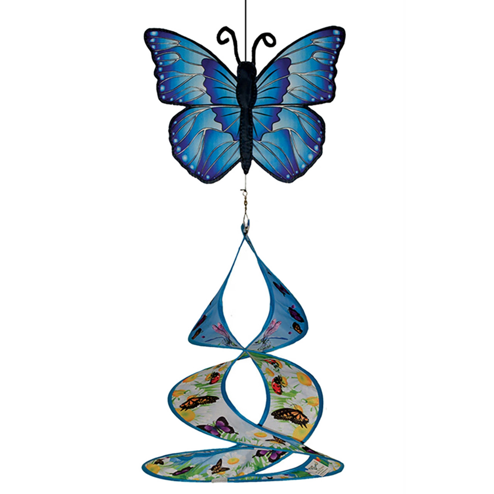 Hanging wind spinner featuring a large stylized blue butterfly at the top, attached to a twisting, ribbon-like spiral tail decorated with patterns of smaller butterflies, ladybugs, and daisies.
