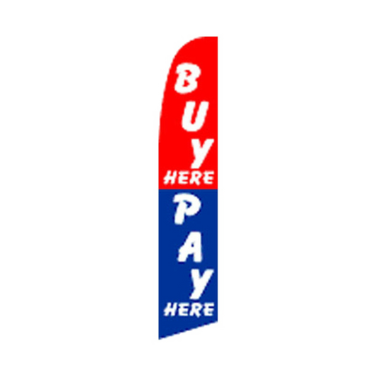 Red and blue feather flag with 'Buy Here Pay Here' text on a white background