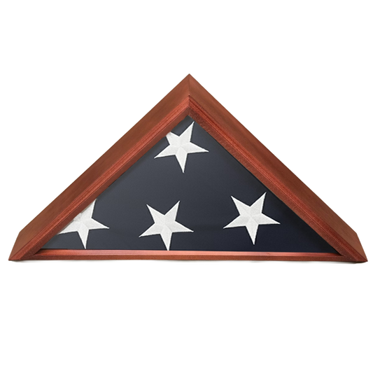 Triangular flag display case with wooden frame and American flag design on a white background