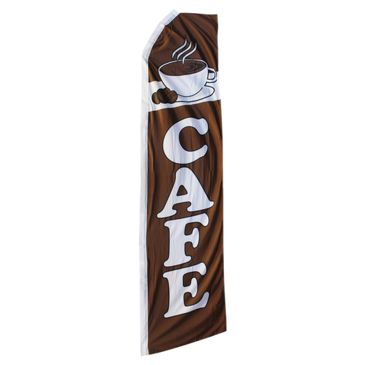 Swooper banner with 'CAFE' text and coffee graphics on a brown background