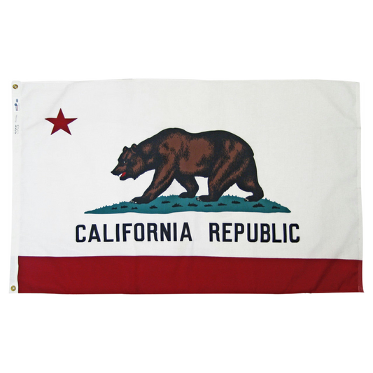 State of California flag featuring a grizzly bear, a red star, and the words 'CALIFORNIA REPUBLIC' on a white background with a red bottom stripe