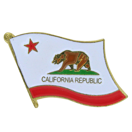 Pin shaped like the State of California flag featuring a grizzly bear, a red star, and the words 'CALIFORNIA REPUBLIC' on a white background with a red bottom stripe