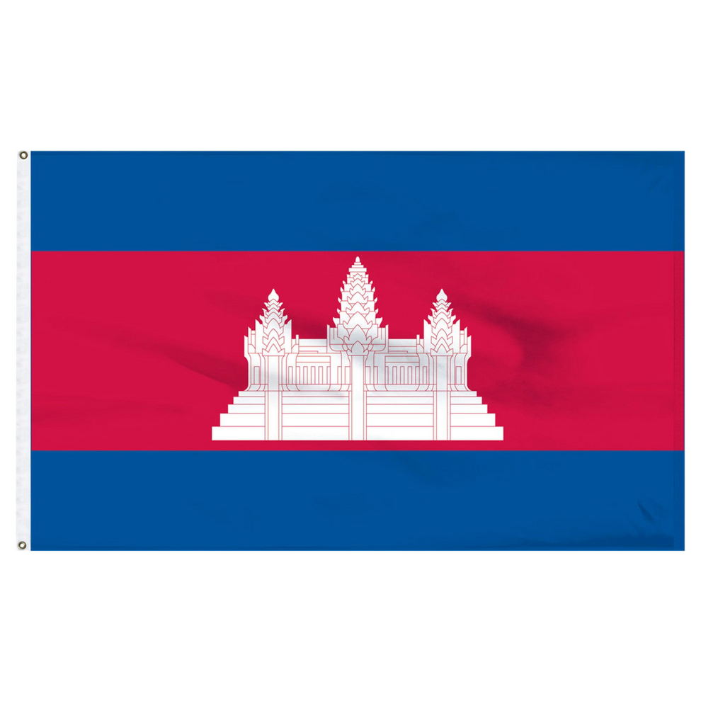 Flag of Cambodia with a temple emblem on a white background