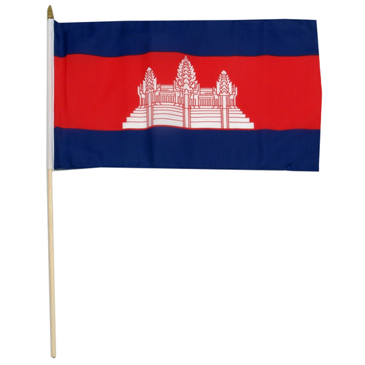 Flag of Cambodia with a temple emblem on a white background