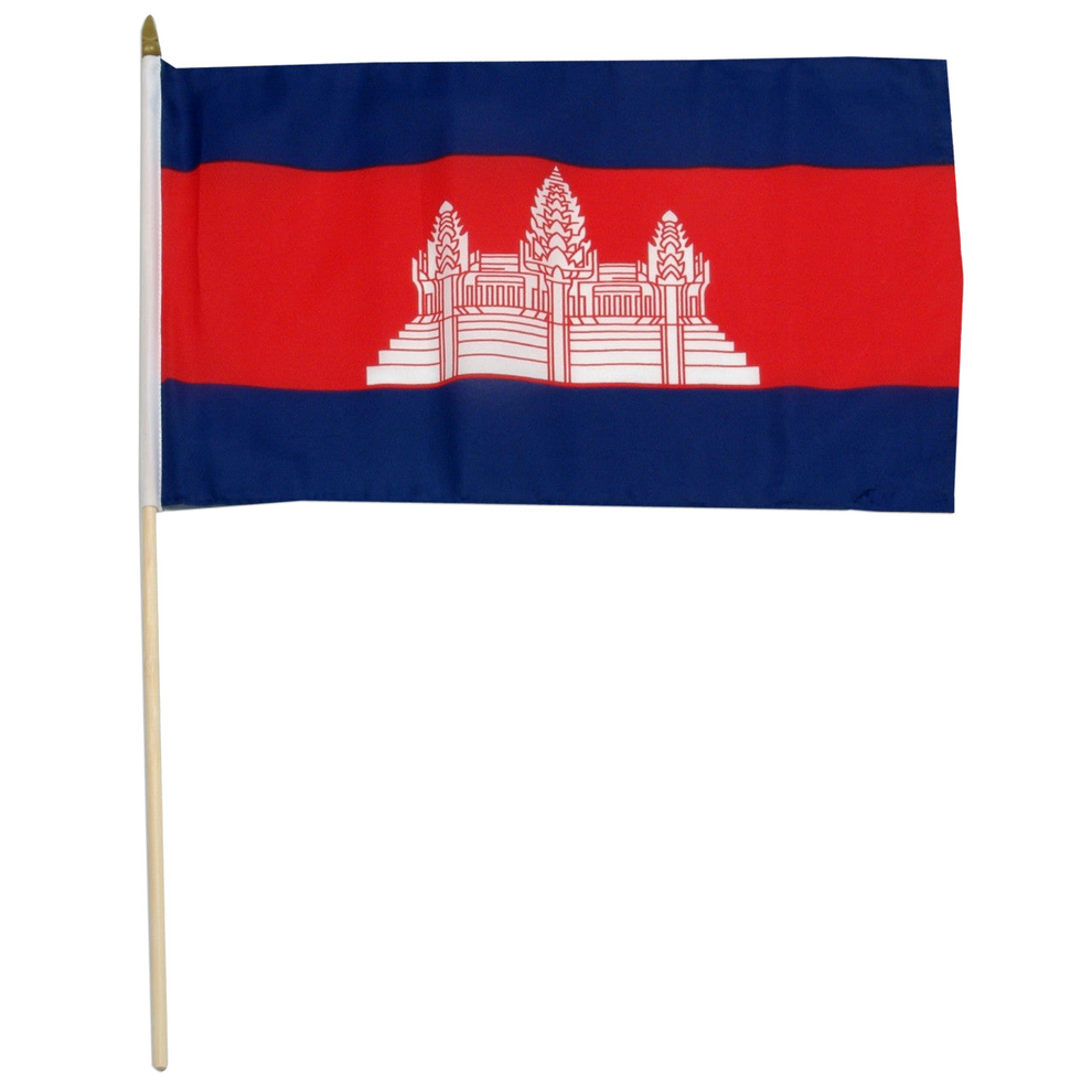 Flag of Cambodia with a temple emblem on a white background