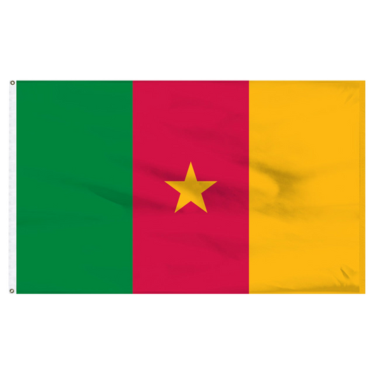 Cameroon flag with green, red, and yellow horizontal stripes and a yellow star in the center